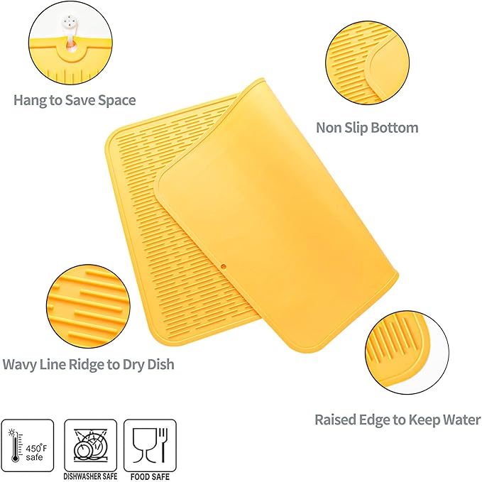 MicoYang Silicone Dish Drying Mat for Multiple Usage,Easy clean,Eco-friendly,Heat-resistant Silicone Mat for Kitchen Counter or Sink,Refrigerator or Drawer Liner Yellow 4XL 32 inches x 18 inches