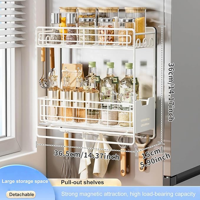 Magnetic Shelves for Fridge with Sliding Shelf, White Magnetic Spice Rack for Refrigerator, Magnetic Refrigerator Side Shelf with 5 Hooks, Magnetic Hanging Shelf for Laundry Room