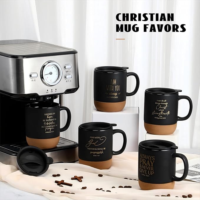 FillTouch 12 Pcs Christian Mug Gifts Bulk 15oz Religious Cup Cork Bottom Coffee Mug with Verse Inspirational Gift for Women Men Pastor Church Group Bible Study Member(Black,Classics)