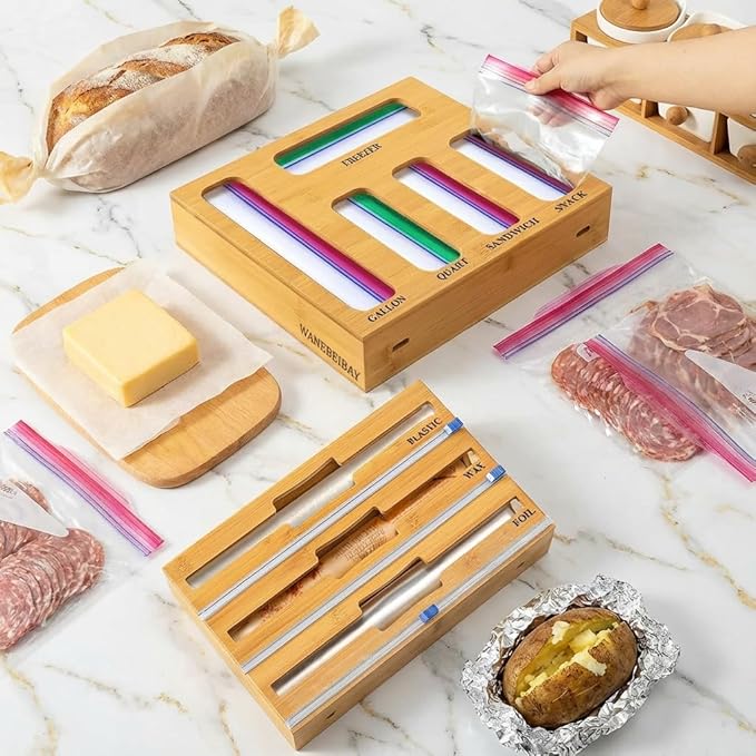 9-in-1 bamboo storage bag rack with cutter, suitable for kitchen drawer and wall storage, compatible with gallons, quarts, aluminum foil and cling film, sandwich, snack Bags