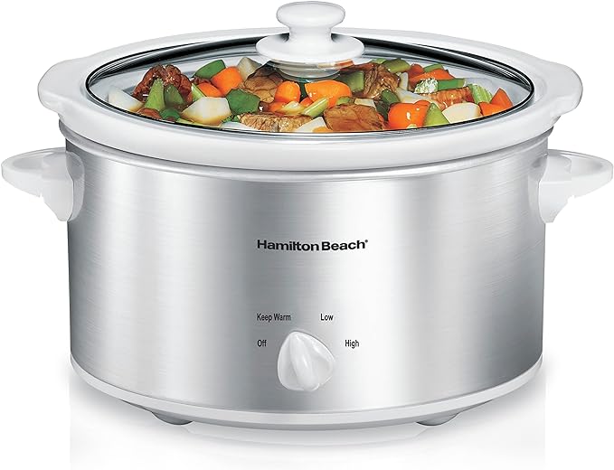 Hamilton Beach 4-Quart Slow Cooker with 3 Cooking Settings, Dishwasher-Safe Stoneware Crock & Glass Lid, Stainless Steel (33140G) | Dishwasher-Safe Stoneware Crock & Glass Lid | Stainless Steel | 33140G