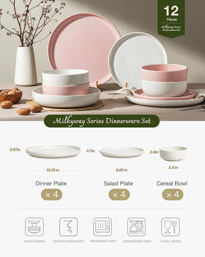 Famiware Milkyway Plates and Bowls Sets, 12 Pieces Dinnerware Sets, Reactive Glaze Dish Set, Stoneware Dishes Set for 4, Matte Beige White & Light Pink