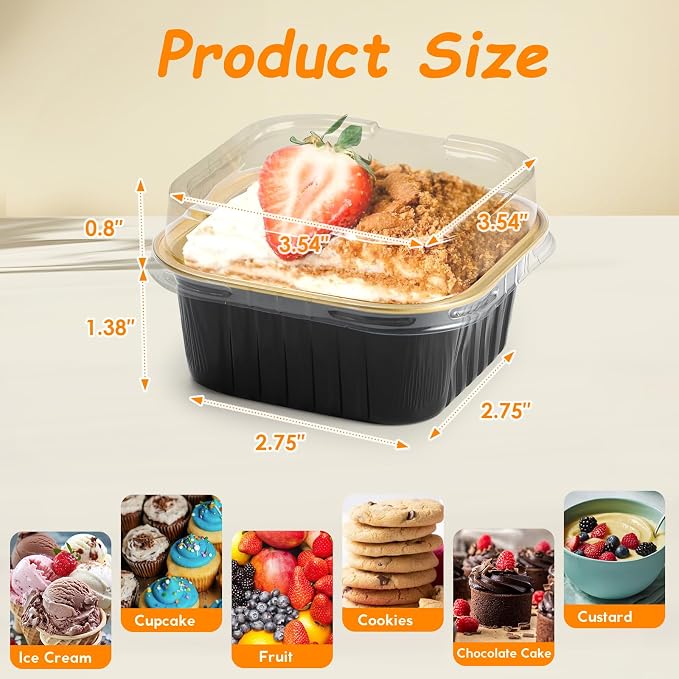 Mini Square Baking Cups with Lids, 50 Pcs 5oz Aluminum Foil Cupcake Tins with Lids, Disposable Ramekins Flan Cake Pans Tins for Souffle, Dessert, Valentine, Wedding, Party Small Cake Containers