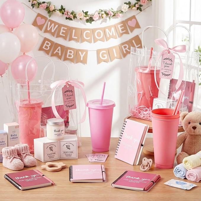 Nuogo 12 Sets New Parent Shower Prizes for Player Winners Adult, Wedding Bridal Shower Gift, Plastic Tumbler Notebook Scented Candle Ballpoint Pen Bag (Gradient Pink,Classic Style)
