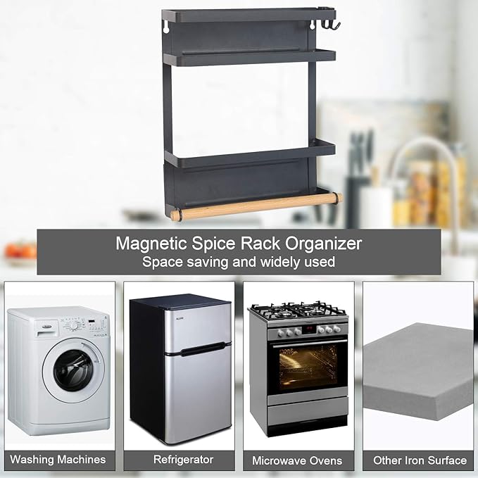 Refrigerator Shelf Organizer Magnetic Paper Towel Holder Kitchen Fridge Spice Rack Storage Spice Jars Holder(Black)
