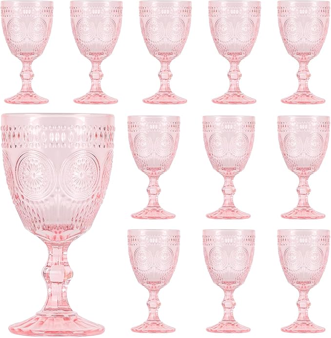 Pack of 12 Glass Goblets Wine Glassware, 10 oz, Pink | Wine Glasses, Not Dishwasher Safe,Wedding Glass Set, Embossed Drinking Glasses Cups for Thanksgiving Wedding Party Bar