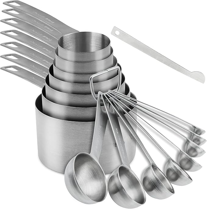 Measuring Cups and Spoons Set, Stainless Steel Measuring Cups, 18/8(304) Material Heavy Duty 7 Measuring cups and 8 Measuring Spoons 1 Leveler and 2 rings Pack 18pcs Per set