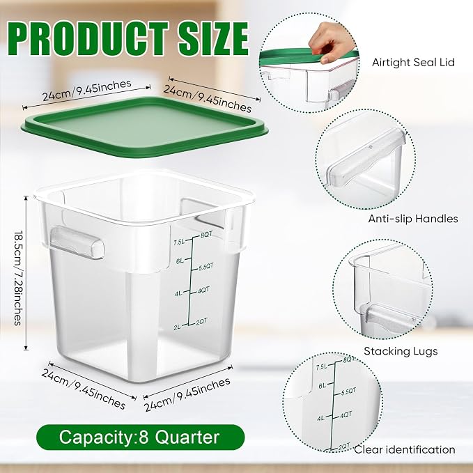 FoldTier 2 Pieces Square Food Storage Containers Polycarbonate Clear Food Container with Lid Commercial Food Storage with Graduations for Commercial Kitchen Dough Marinating Meat(Green, 8 Qt)