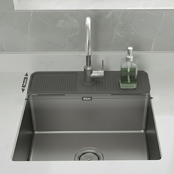 24 Inch Longer Faucet Mat for Kitchen Sink| 5° Slope Fast Self-Draining Sink Splash Guard | Multipurpose Faucet Mat Foldable Durable No Smell | Cut-to-Fit Opening Up to 2.6in | Dark Grey