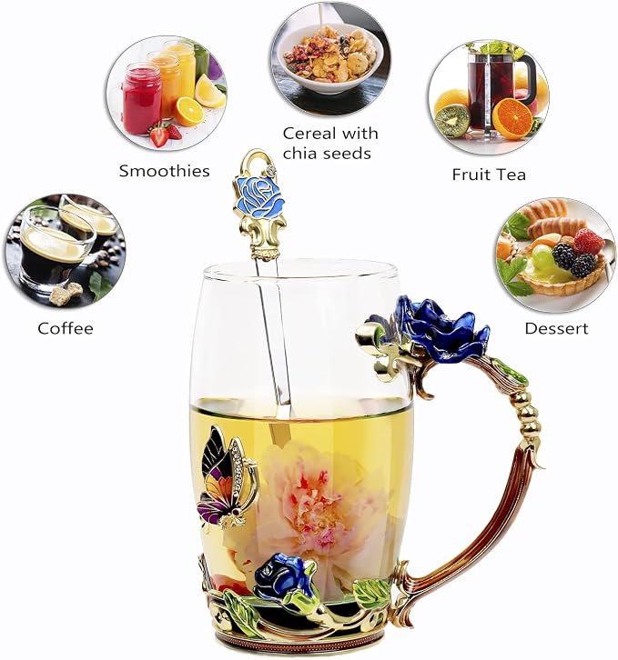 Tea Cup Glass Coffee Mugs,Fancy Tea Cup Set Birthday Christmas Valentine's Day Gift Idea for Tea Lover and Women Novelty Coffee Mugs Rose Flower Enamel Tea Cup Glass Mug with Spoon Set