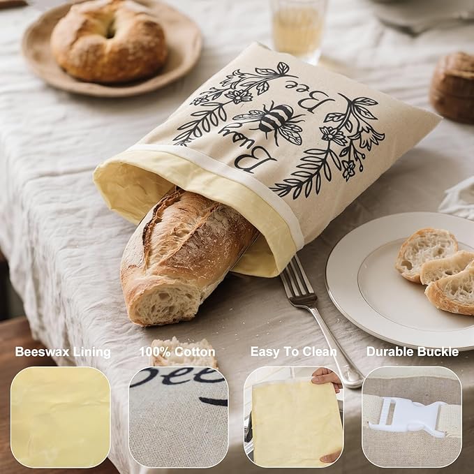 Reusable Beeswax Bread Bags for Homemade Bread & Sourdough, 2-Pack XL Airtight Food Storage Bags, Organic Cotton Linen Covers - Freezer-Friendly Freshness Preservation Keeps Fresh Longer