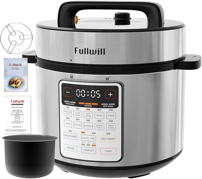 Fullwill 8QT Electric Pressure Cooker, 12-in-1, Ceramic Nonstick Pot, Sauté, 1200W Fast Cook, Slow Cook, Steam, Yogurt, Rice Cooker, for Family Meals, 1200W,Silver