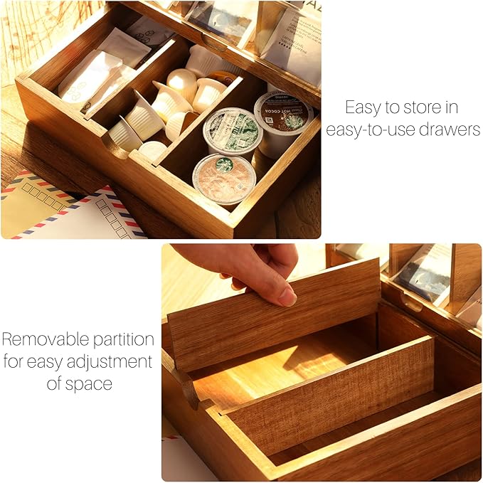 HTB Large Tea Organizer 2 Tier with Drawer, Tea Bag Organizer with Acrylic Transparent Hinged Lid, 9 Compartments Wooden Tea Bag Holder for Home, Office, Tea Parties