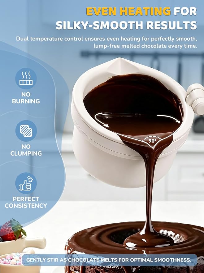 LUSHYUM Electric Chocolate Melting Pot with 2 Insert Pots, 4-Cup Chocolate | Even Heating & Fast Melting, BPA-Free Silicone, Easy Clean, Less Waste, Ideal for Chocolate & Candy Melts, Parties, Fondue