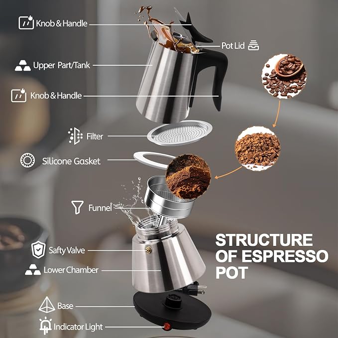 Stainless Steel Electric Moka Pot 6 Cup 300ml Express Coffee Maker Stovetop Espresso Portable Coffeemaker Italian Classic Brewing Greca Cafe Mocha with Removable Base and Overheating Protection 10oz
