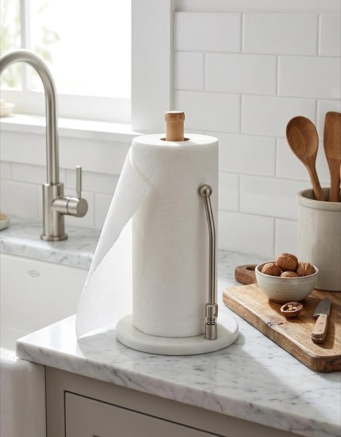 Spiretro Elegant Marble & Wood Paper Towel Holder – Real White Marble Base, Natural Wood Rod & Stainless Steel Tension Arm – Jumbo Roll Compatible – 7.75" W x 7.75" D x 13.25" H