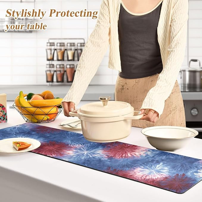 2 in 1 Table Runner Trivet for Hot Pots and Pans Heat Resistant Non Slip Waterproof 39 x 12 Inch Decorative Table Protector for Kitchen Countertop Retro Tie Dye Fireworks