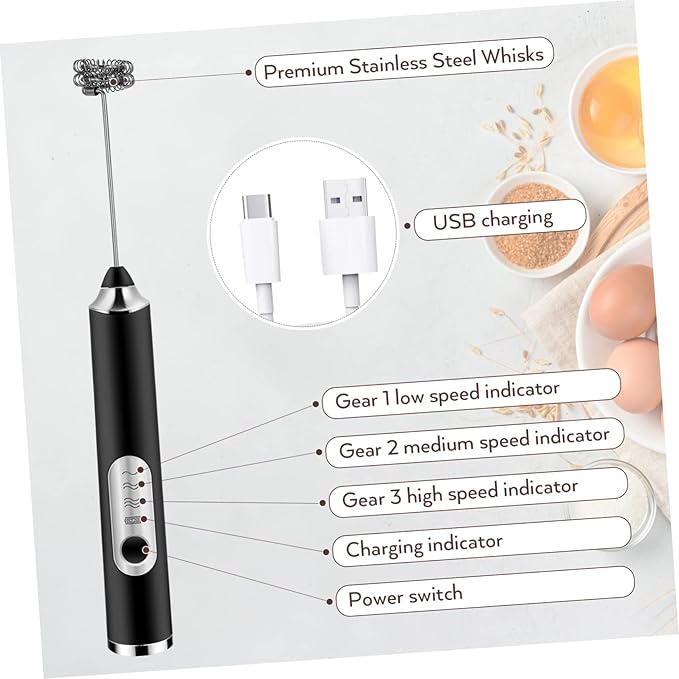 Cabilock Rechargeable Electric Milk Frother Handheld Whisk Speed Portable Foam Maker for Coffee Latte Matcha Egg Beater with USB Charging and Stable Standing Design