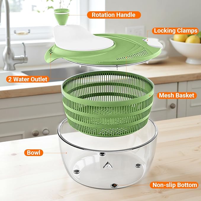 HomeHacks Salad Spinner Large Lettuce Spinner, Large Fruit Cleaner with Double Drainage Holes, 5 Chopping Blades, High Efficiency for Kitchen Washing & Drying Leafy Vegetables, Easy Press (Green)