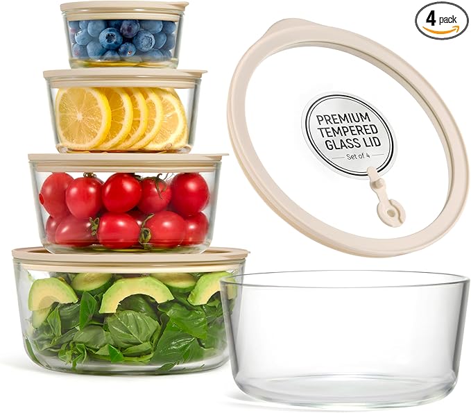 Vase and Vessel Glass Storage Container Set, Borosilicate Glass, Tempered Glass Lids, Baking Pan, Airtight with Vents, Microwave, Oven & Dishwasher Safe, (Circular - Set Of 4)