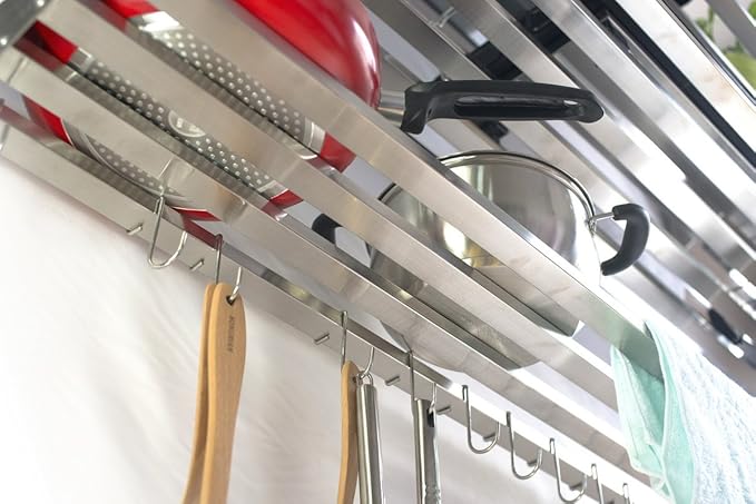 304 Stainless Steel Standard Wall Shelf, Cookware Storage Organizer, Kitchen Wall Pot Pan Rack,With 6 Hooks, Capacity 200 lb (23.5" x 9.5") suitable for Juicer or Coffeemaker