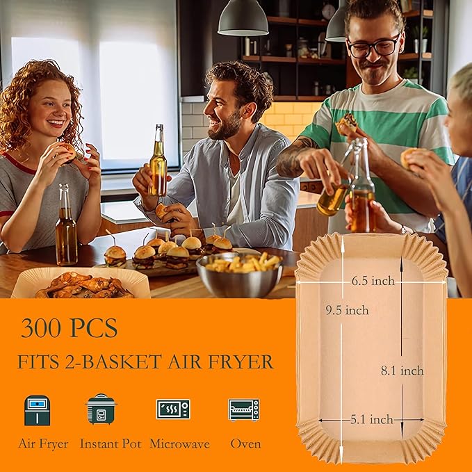 300 PCS Air Fryer Liners Disposable, 8.1 * 5.1 inch Air Fryer Paper Fit 2-Basket 8-10QT, Food Grade Baking Paper made for Ninja DZ201,DZ401,DZ550,SL401