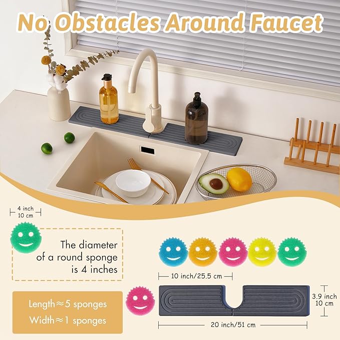 20 Inch Small Faucet Mat for Kitchen Island Sink, Instant Dry Sink Protector for Countertop, Stone Sink Caddy Diatomaceous Earth Stone Drying Tray Around Faucet for Kitchen Bathroom RVs, Dark Grey