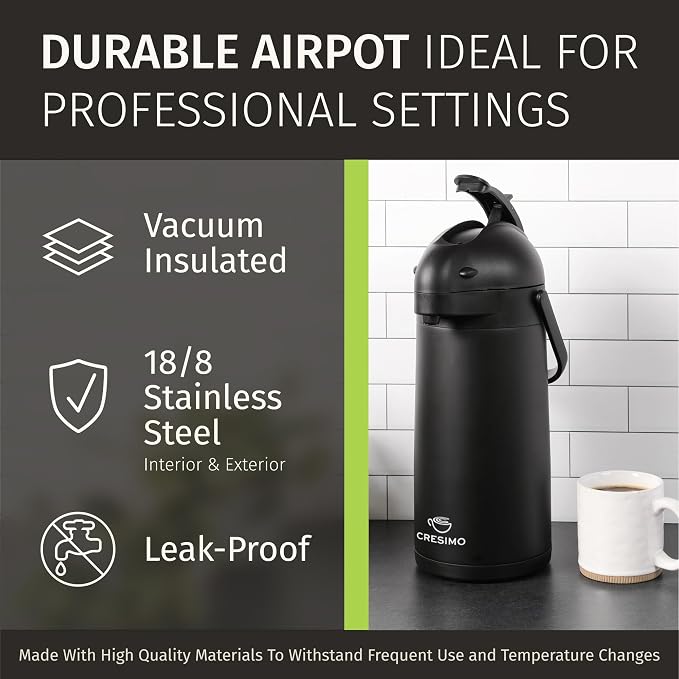 Airpot Coffee Carafe Dispenser with Pump, Black | 12 Hours Hot Water Retention, 36 Hours Cold Retention, Thermal Carafe for Hot Drinks, One-Handed Dispensing
