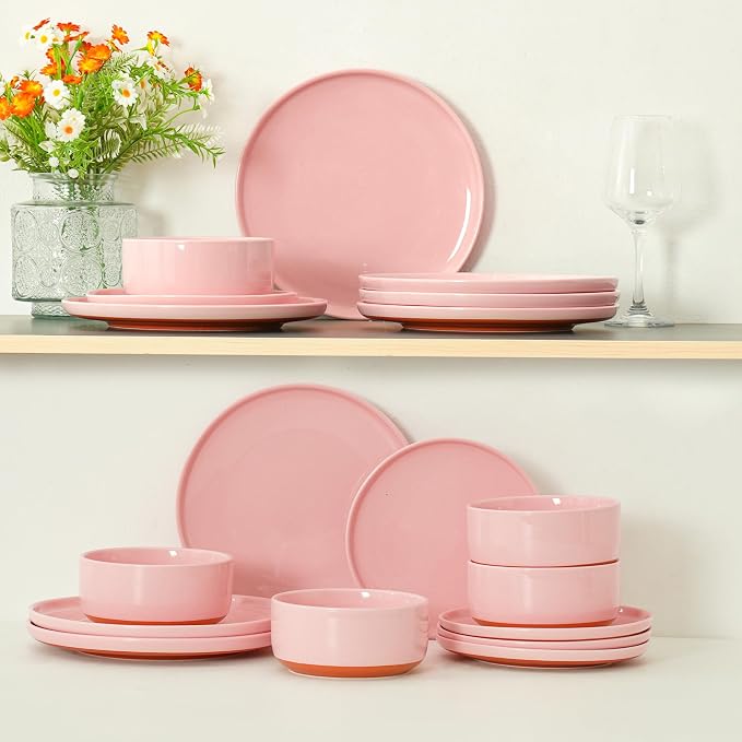 6 Piece Dinnerware Set, Dual Glaze Stoneware Plates and Bowls Sets, Modern Dinner Plate, Salad Plate, Cereal Bowl, Dish Set for 2, Microwave and Dishwasher Safe, Pink