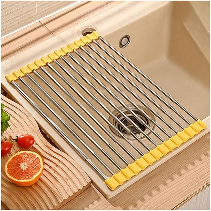 1 2 4 Set Telescopic Drain Rack Roll Up Rack Heat-Resistant, Non-Slip Silicone Rolling Dish Drainer, Kitchen Stainless Steel Over The Sink Dish Drying Rack Mat(1PC,W 28.5cm/11.2in)