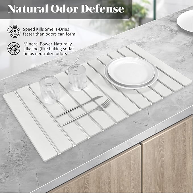 Extra Large Stone Dish Drying Mat for Kitchen Counter, 28"(L)×16"(W) Eco-Friendly Diatomaceous Earth Dish Mats, Fast Dry Absorbent Collapsible Mats for Bottles,Dishes, Match Any Countertop
