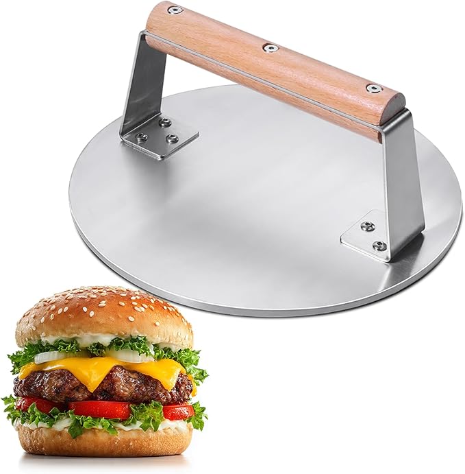 Professional-Grade 8.5-Inch Extra-Large Burger Press – Heavy Duty Stainless Steel Wooden Handle 3.65 lbs Easy to Clean for Hamburger Patties Bacon & Sandwiches Premium Grilling Tool