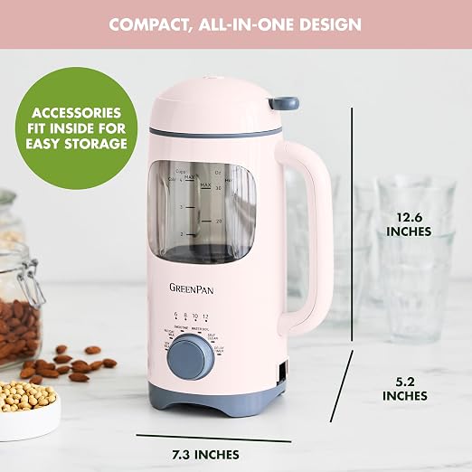 GreenPan 30oz Nut Milk Maker Machine, 15-in-1 for Homemade Almond, Oat, Soy, Coconut, Plant-Based Non-Dairy Beverages, Soups, BPA-Free Glass, Automatic Self-Clean, Delay Start, Pink