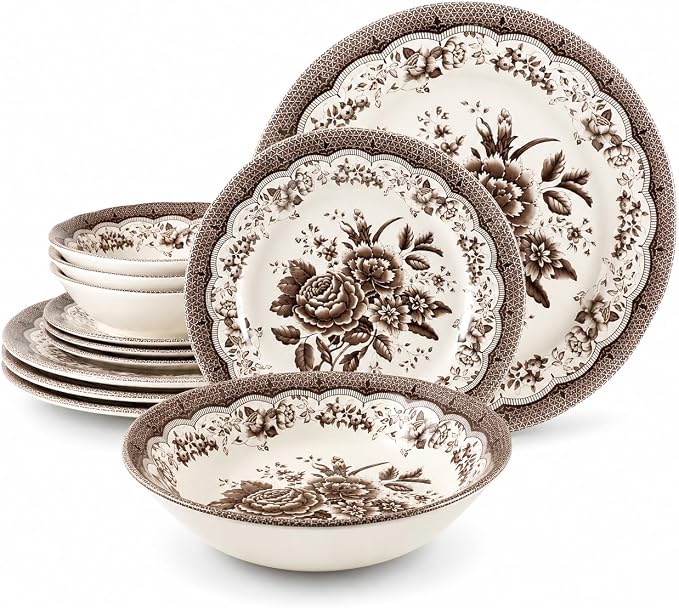 Tudor Royal 12-Piece Round Porcelain Dinnerware Set, Service for 4 - Victoria Brown Design, Brown Floral, Plates Bowls Dishes, Premium Quality Tableware, Unique Pattern, Glossy