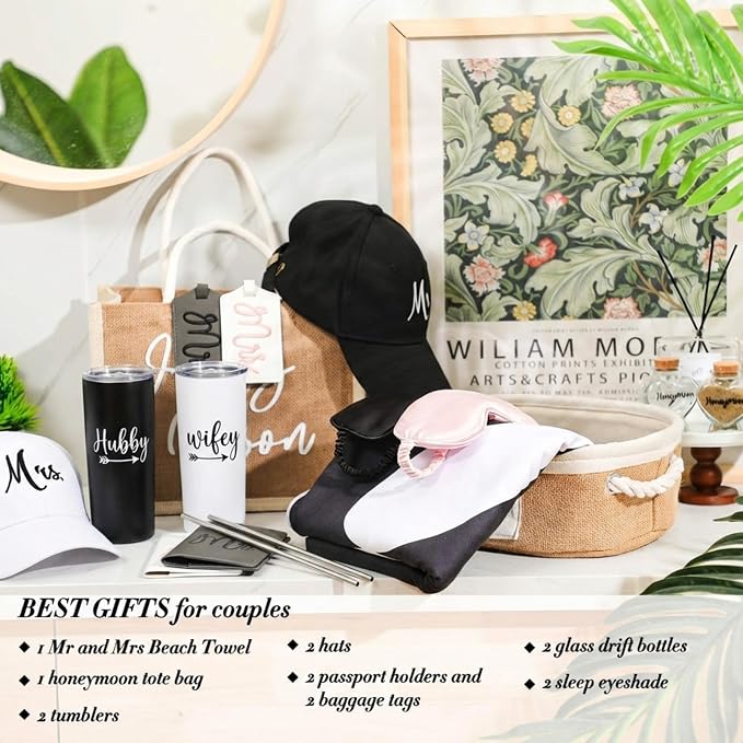 Rtteri 14 Pieces Wedding Gift Set for Couple - Mr & Mrs Honeymoon Gifts Include Wedding Towels, 20 oz Wine Tumbler, Hat, Passport Holder, Baggage Tag, Glass Bottle, Honeymoon Tote Bag