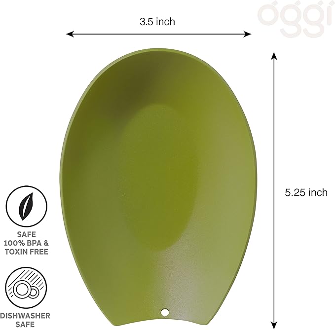 Oggi Spooner Stainless Steel Spoon Rest- Holds Kitchen Utensils for Mess Free Cooking, Stove Top, or Coffee Station; Kitchen Accessories, Utensil Rest, Olive, 5.25 inch by 3.5 inch (7635.14)