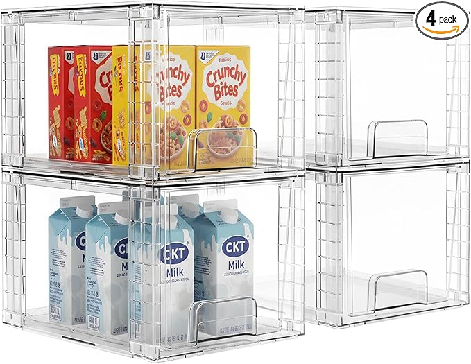4 Pack Stackable Acrylic Storage Drawers – Clear Plastic Organizer Bins, Easy to Assemble, Suitable for Bathroom, Undersink, Kitchen, Pantry, Makeup, Medicine Organization