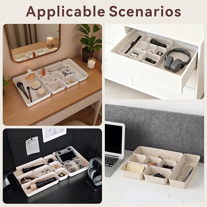 8-Piece Felt Drawer Organizer Set in 4-Sizes, Made from Eco-Friendly Material for Vanity, Makeup, Desk, Office, Kitchen, and Nightstand, Oatmeal