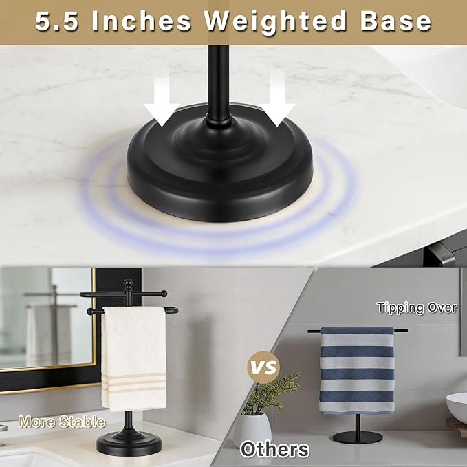 Hand Towel Stand,304 Stainless Steel Hand Towel Holder for Bathroom Kitchen Counter，14.5 Inch S-Shape Weighted Base Standing Hand Towel Rack Bar Holds 2 Towels (Black)