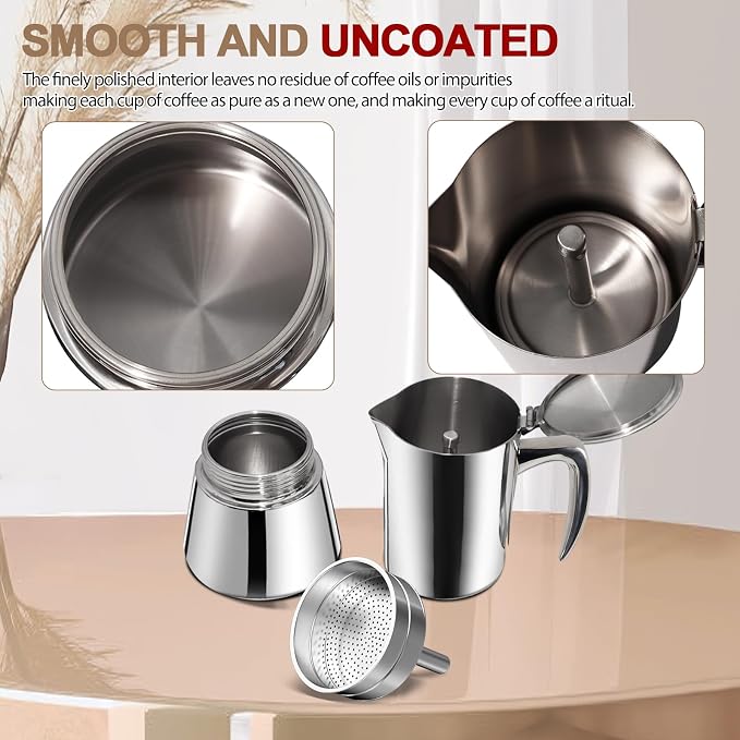 304 Thickened Stainless Steel Uncoated 2 Cup Moka Pot Coffee Maker Stovetop Espresso Coffeemaker Italian Classic Brewing Greca Cafe Mocha Machine for Cafeteras Camping Travel Home 100ml 3.3oz