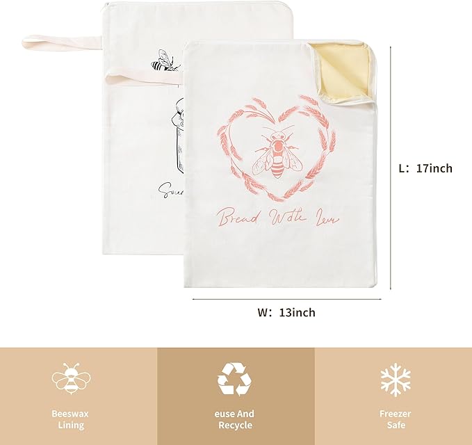 Premium Beeswax Bread Bags for Sourdough - 2 Packs XL Reusable Organic Beeswax Linen Cotton Sourdough Bag, Homesteading Essentials Sourdough Bags with Zip to Keep Fresh Bread Bags for Homemade Bread