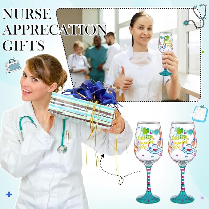 SiliFine 4 Pcs Nurse Stemmed Wine Glasses Hand Painted Drinking Cup Wine Glasses Gifts for Certified Nursing Assistants CNA Week Appreciation Nurses' Day Holiday Party Supplies