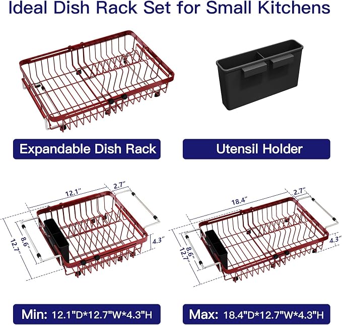 MAJALiS Red Dish Drying Rack Over The Sink with Utensil Holder | Expandable Stainless Steel Dish Drainer for Small Kitchen, Apartment, RV, Counter Space Saving, Perfect Fit, Rustproof