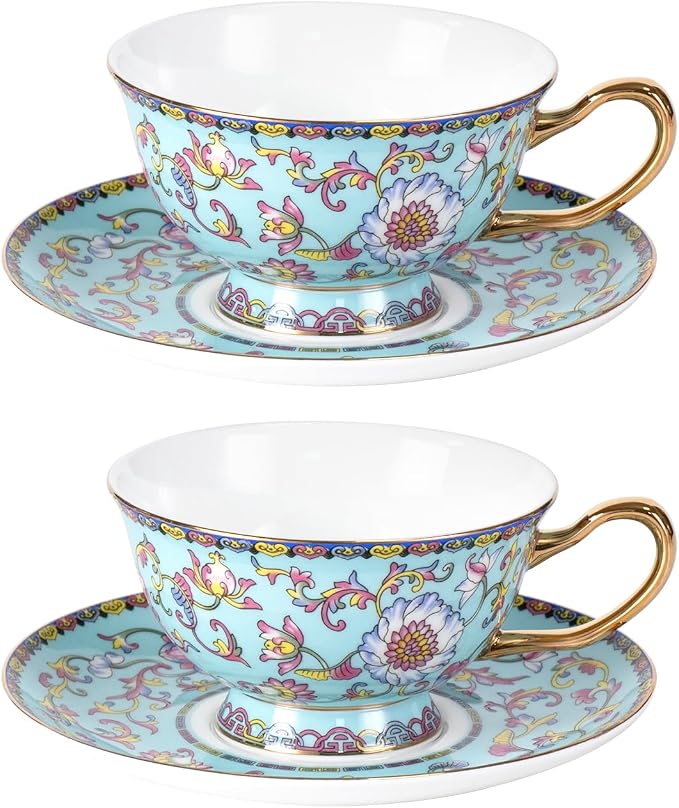 KAMMAK Tea Cups and Saucers Set of 2, Porcelain Coffee Cups, Stackable Espresso Mugs, Ceramic Demitasse for Coffee, Cappuccino, Latte, Americano, Tea, Full Bloom Blue