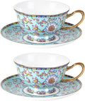 KAMMAK Tea Cups and Saucers Set of 2, Porcelain Coffee Cups, Stackable Espresso Mugs, Ceramic Demitasse for Coffee, Cappuccino, Latte, Americano, Tea, Full Bloom Blue