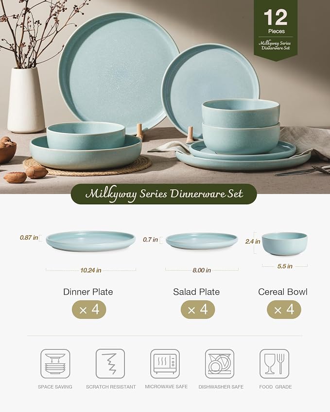 Famiware Milkyway Plates and Bowls Sets, 12 Pieces Dinnerware Sets, Reactive Glaze Dish Set, Stoneware Dishes Set for 4, Light Blue