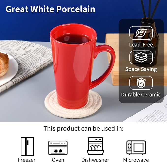 BYCNZB 16oz black Funnel Ceramic Tall Coffee Mugs for Coffee, Tea, Cocoa, Latte, Milk set of 4 (Red)