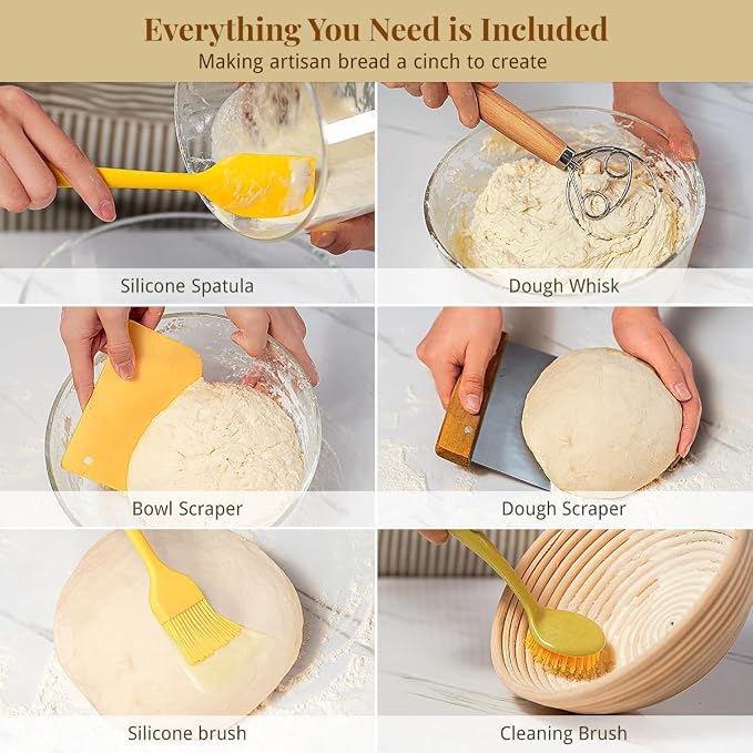 BAVIFY Sourdough Starter Kit, Banneton Bread Proofing Baskets Set | Complete Sourdough Bread Baking Supplies, Beginner Friendly Bread Making Kit, 2-Pack 9 in Round Rattan Banneton Basket