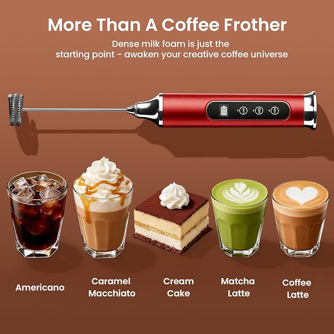 YUSWKO Milk Frother Wand for Coffee, Red Handheld Coffee Frother, Rechargeable Drink Mixer, Waterproof Electric Whisk