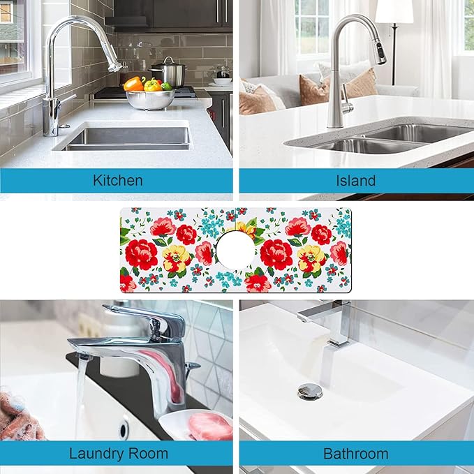 Kitchen Sink Splash Guard Faucet Mat Super Absorbent Fast Drying Mat Sink Gadgets Splash Guard Behind Faucet Drip Catcher for Kitchen (Beautiful Flower, 15x5.5in)